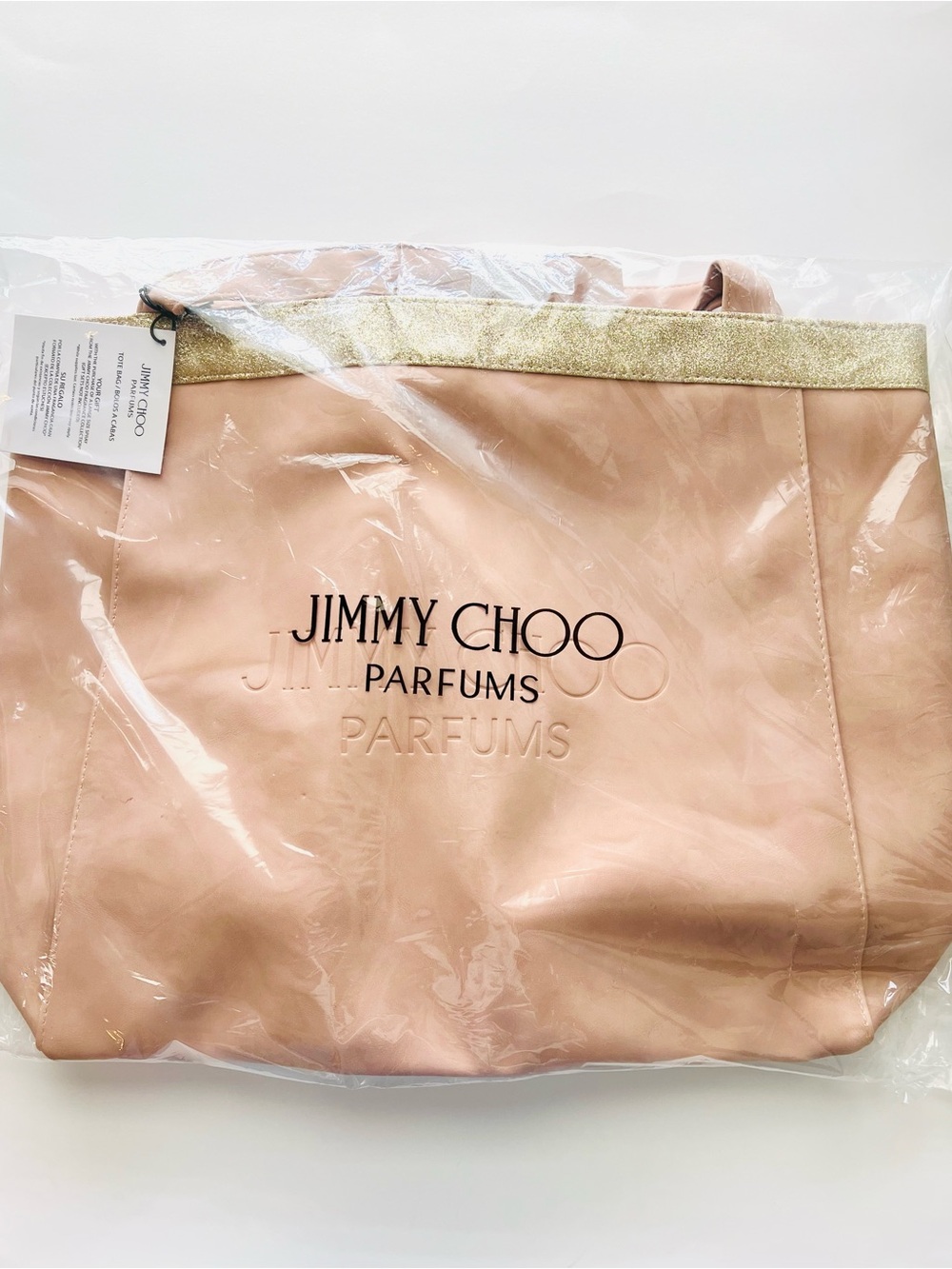 NIB Jimmy Choo Parfums Soft Pink & Gold Glitter Tote Bag Large Handbag
